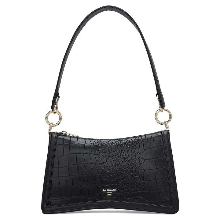 Small Croco Leather Baguette - Black