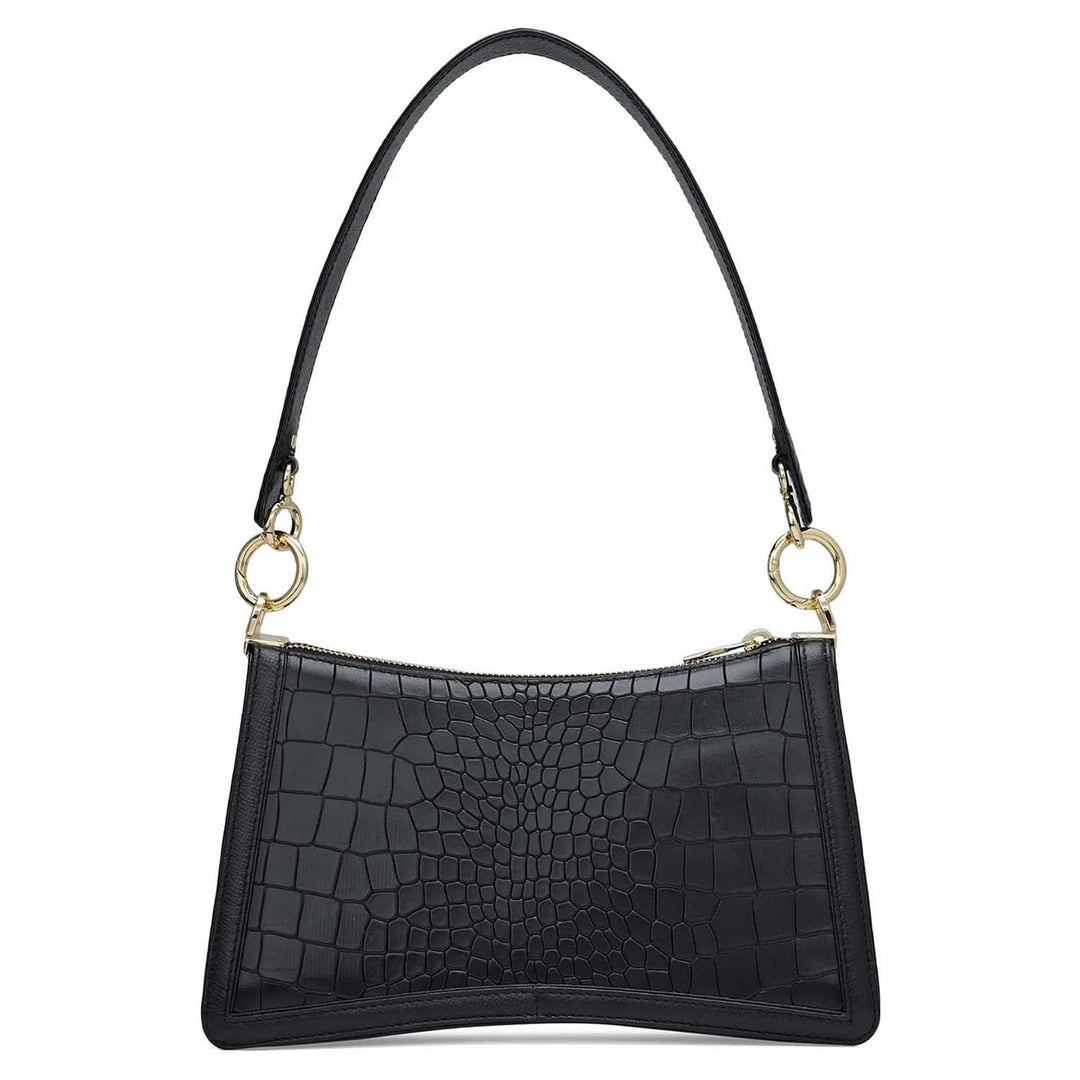 Small Croco Leather Baguette - Black