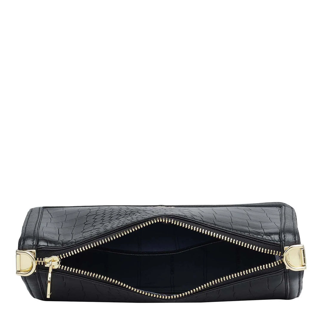 Small Croco Leather Baguette - Black