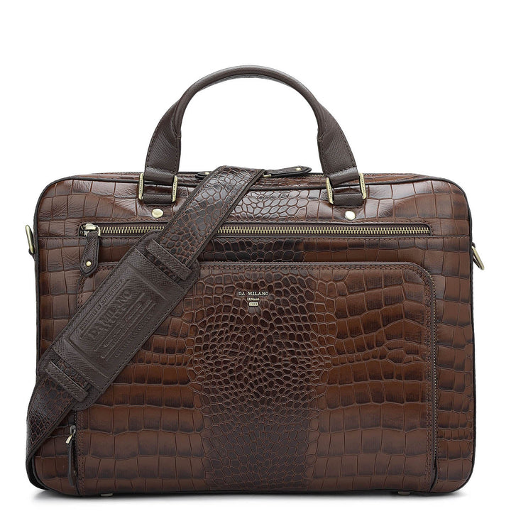 Croco Leather Laptop Bag - Brown