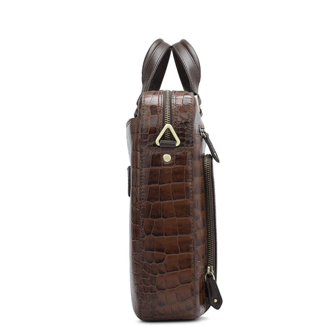 Croco Leather Laptop Bag - Brown