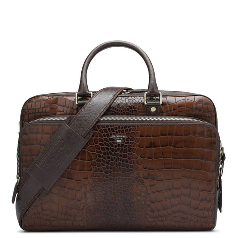 Croco Leather Laptop Bag - Brown