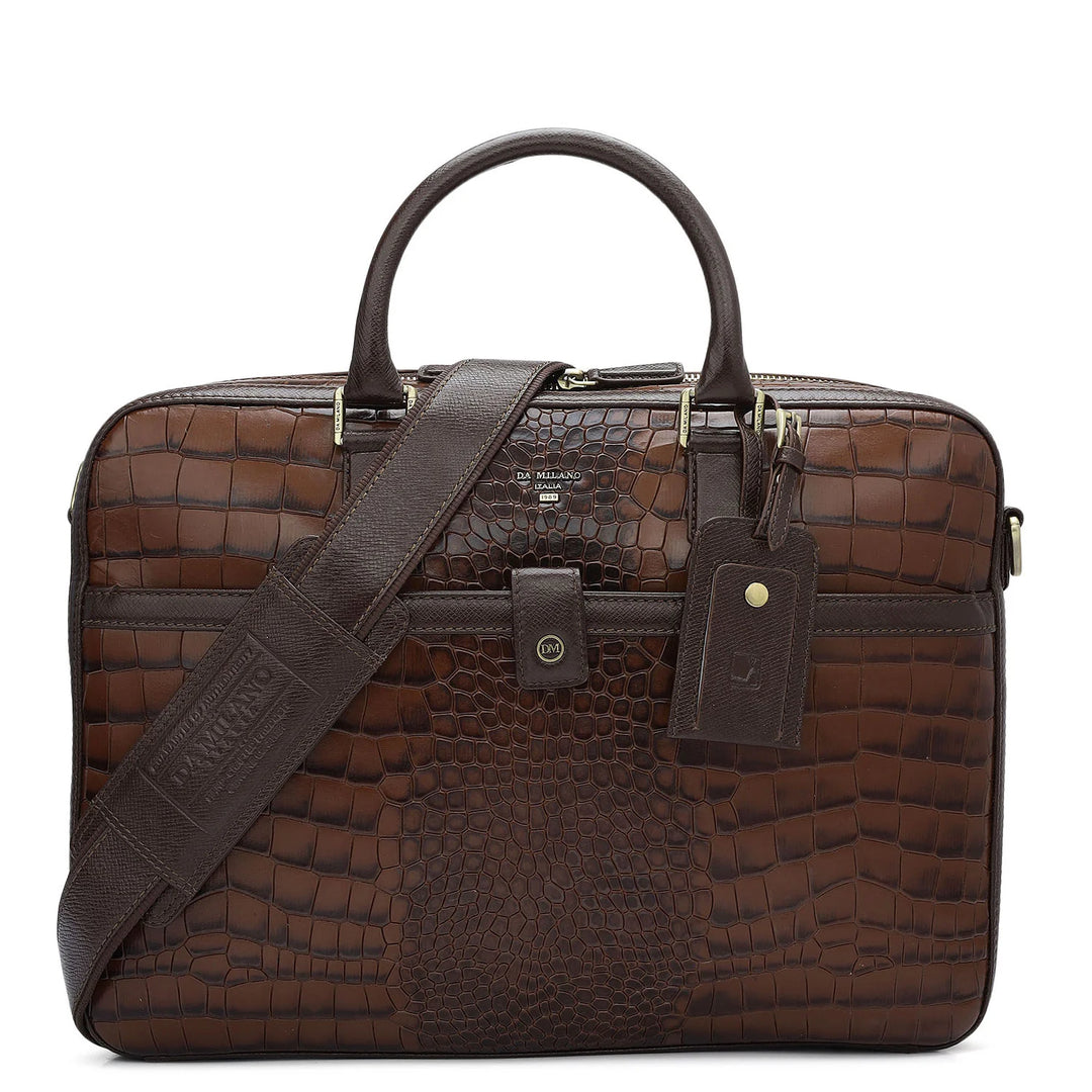 Croco Leather Laptop Bag - Brown