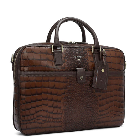 Croco Leather Laptop Bag - Brown