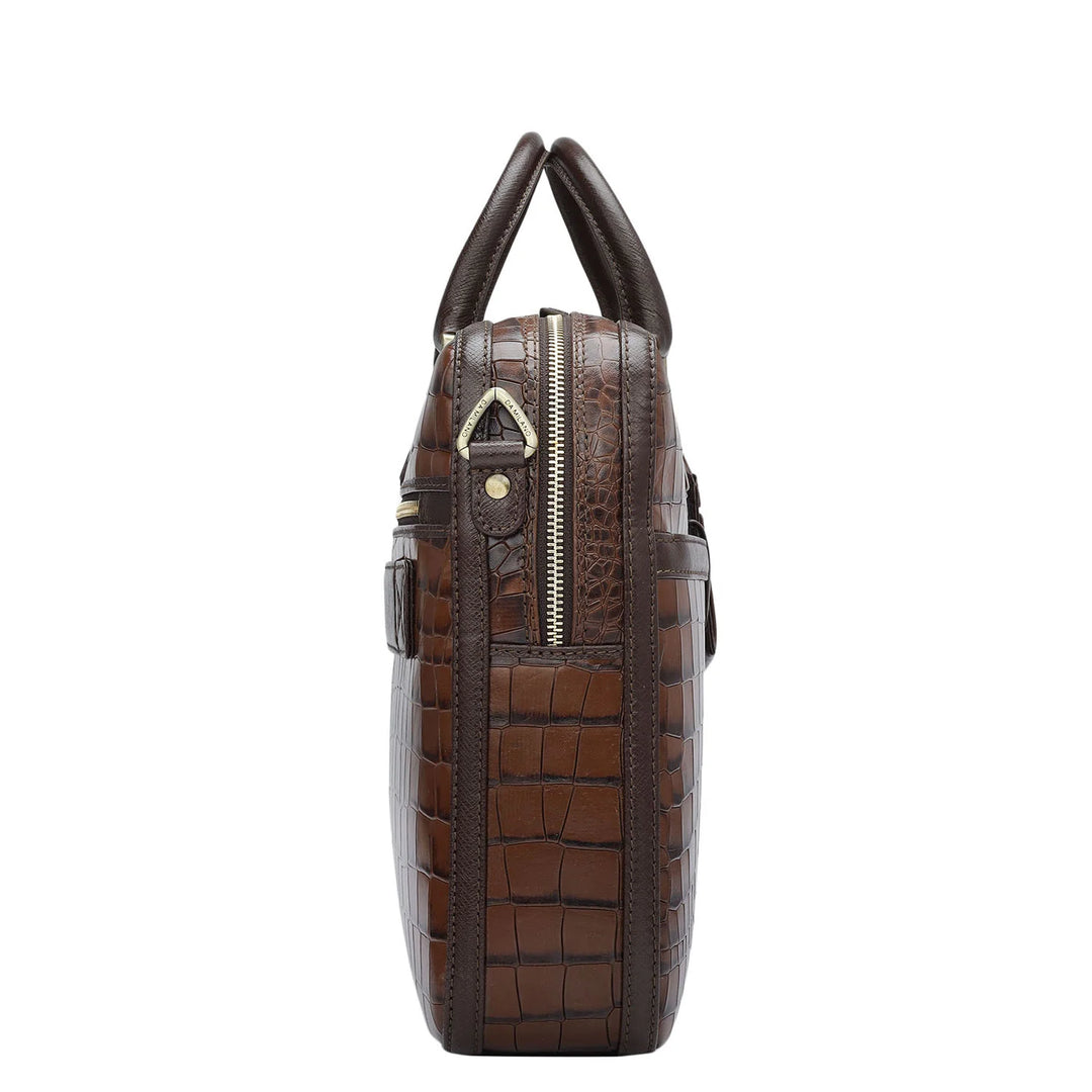 Croco Leather Laptop Bag - Brown