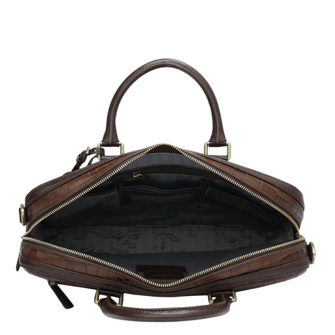 Croco Leather Laptop Bag - Brown