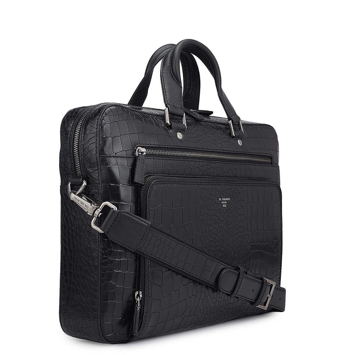 Croco Leather Laptop Bag - Black