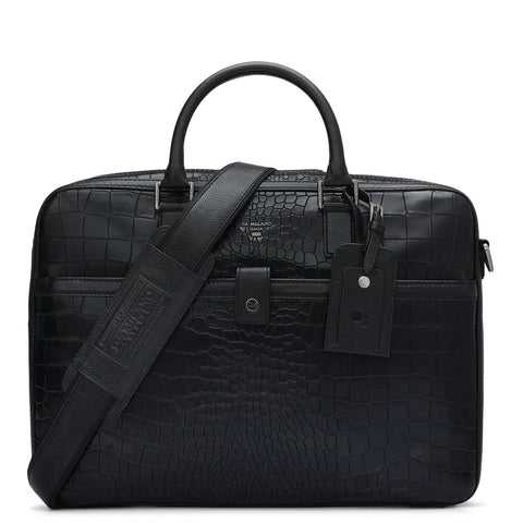 Croco Leather Laptop Bag - Black