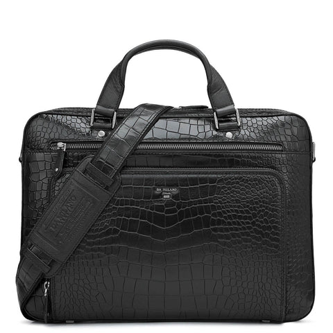 Croco Leather Laptop Bag - Black