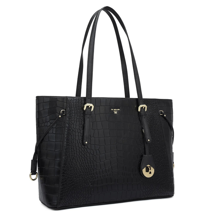 Large Croco Leather Tote - Black