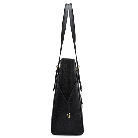 Large Croco Leather Tote - Black