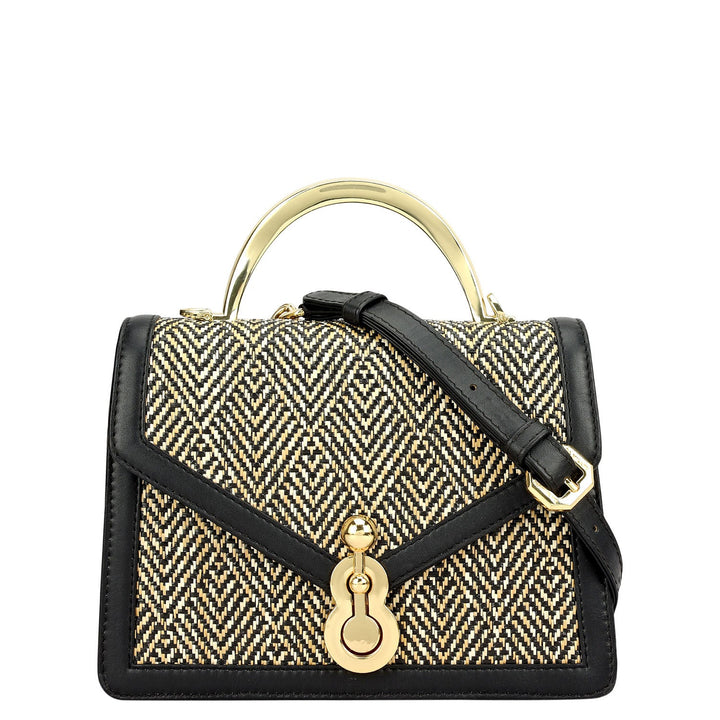 Small Canvas Plain Leather Satchel - Beige & Black