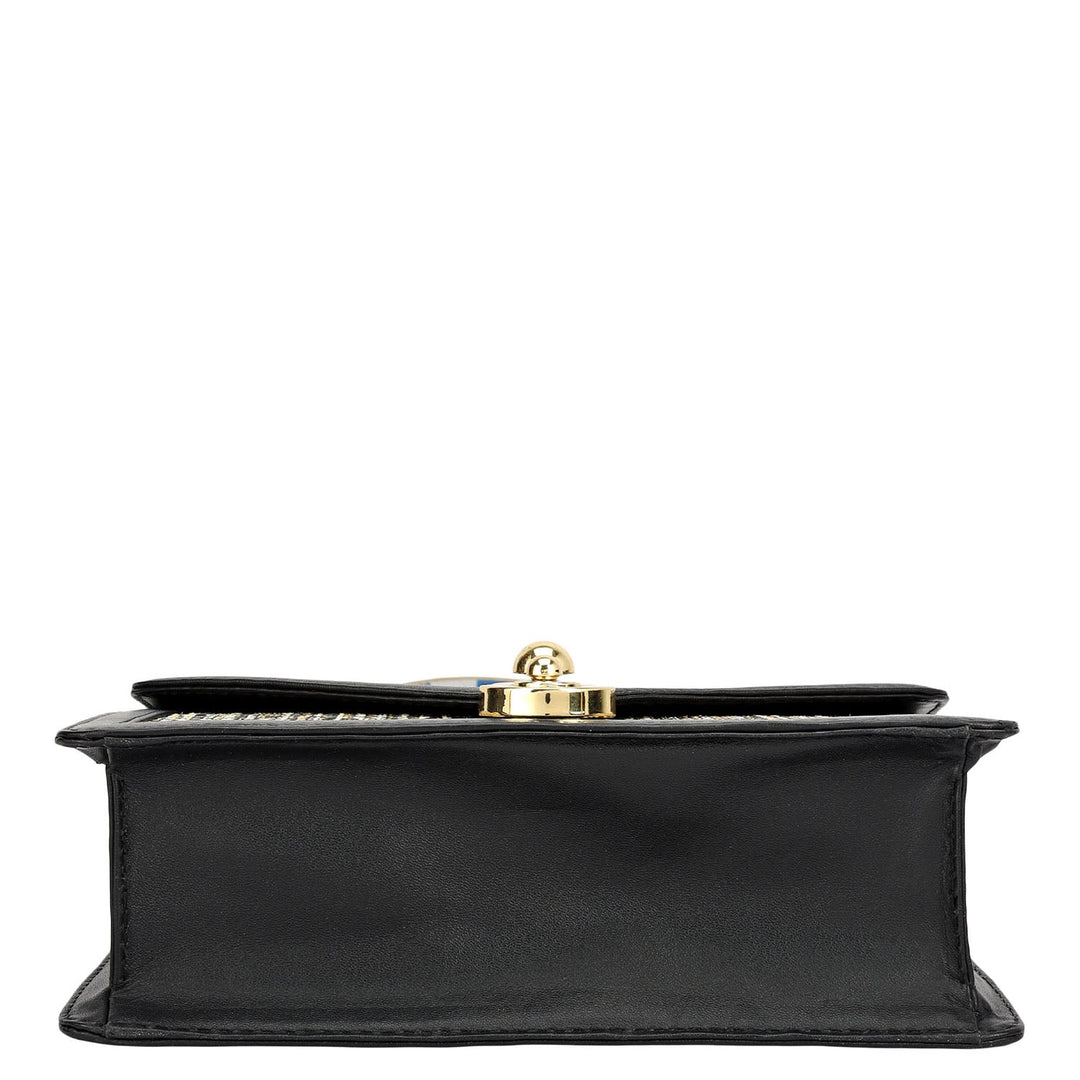Small Canvas Plain Leather Satchel - Beige & Black