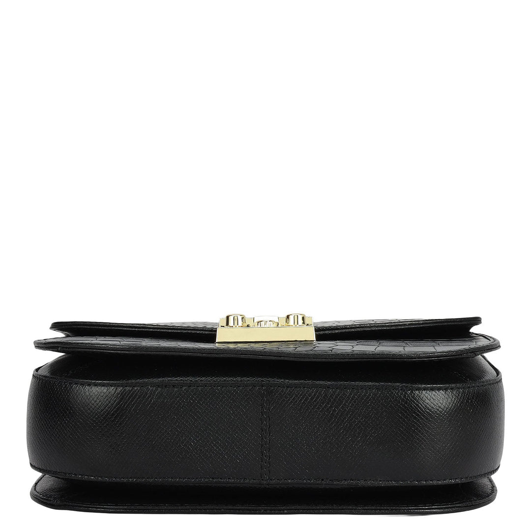 Small Croco Franzy Leather Shoulder Bag - Black
