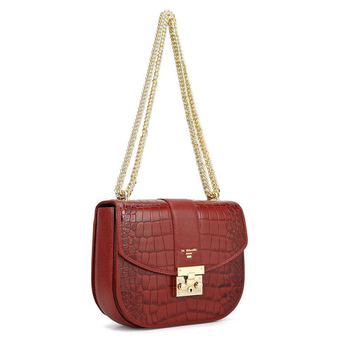 Small Croco Franzy Leather Shoulder Bag - Cherry