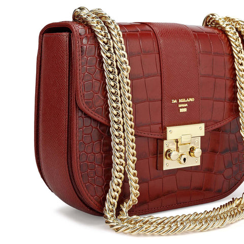 Small Croco Franzy Leather Shoulder Bag - Cherry