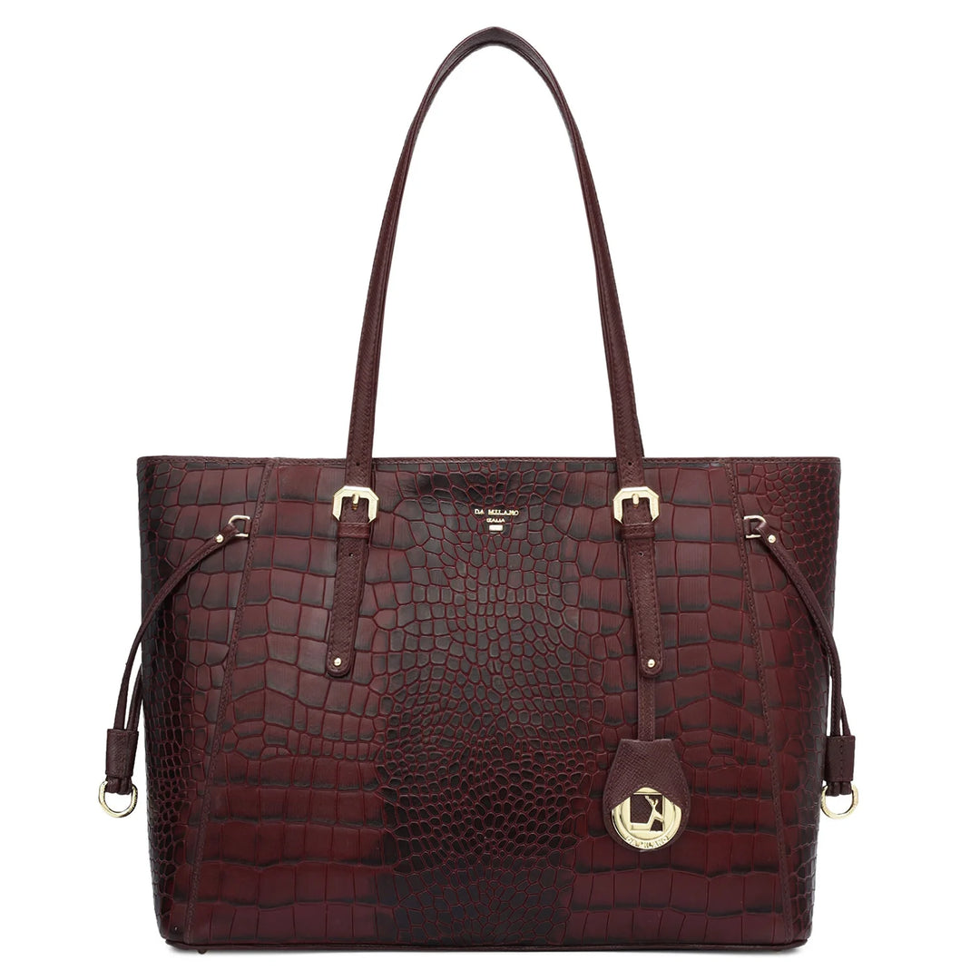 Large Croco Leather Tote - Wine