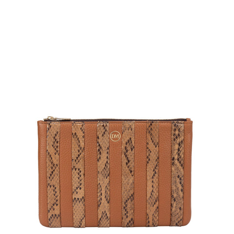 Small Wax Snake Leather Clutch - Caramel
