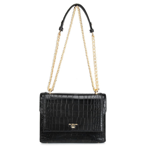 Da Milano Women's Leather Shoulder Bag - Black Croco Textured