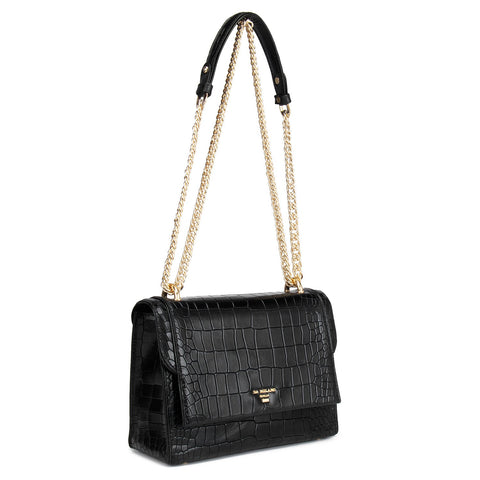 Da Milano Women's Leather Shoulder Bag - Black Croco Textured