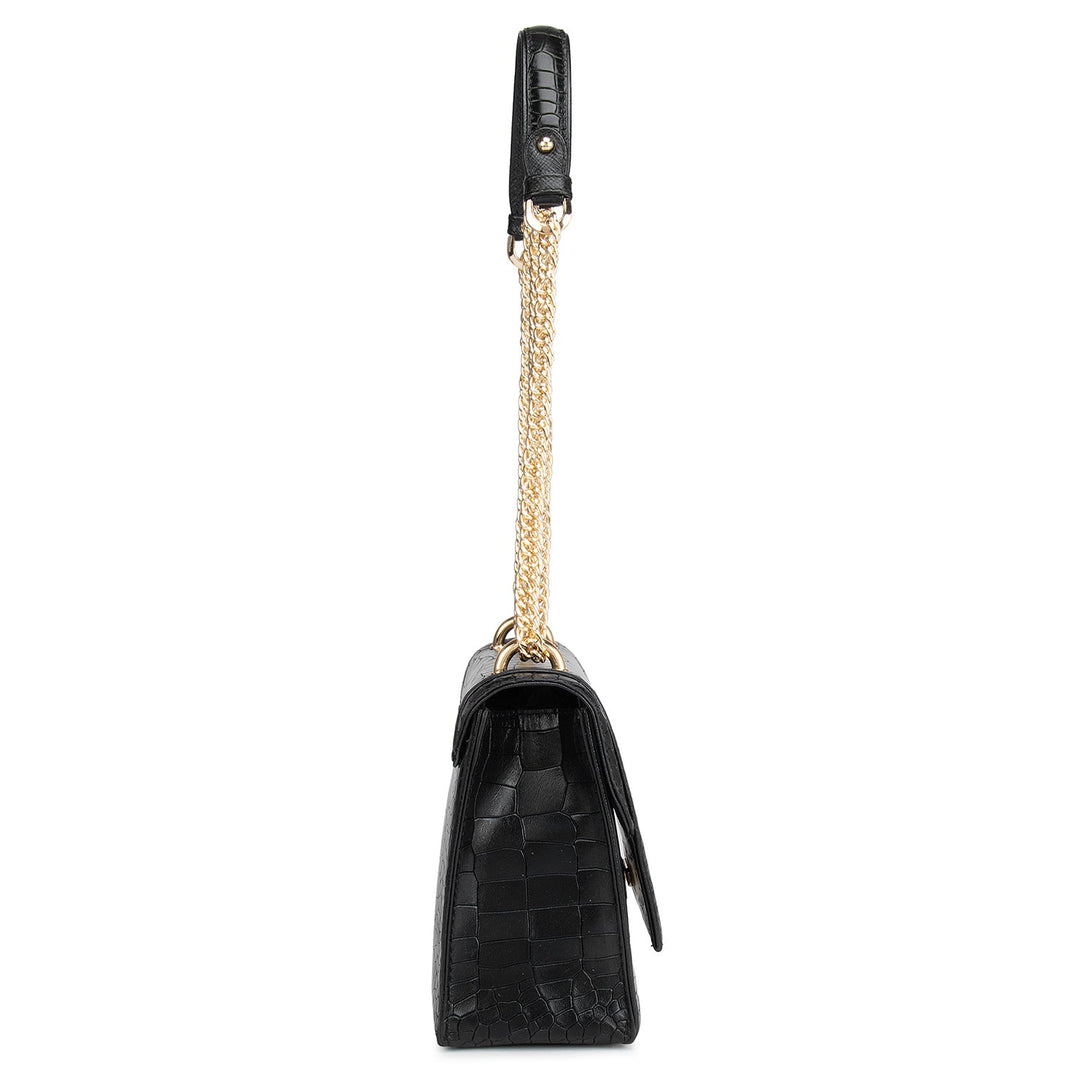 Black Croco Textured Shoulder Bag