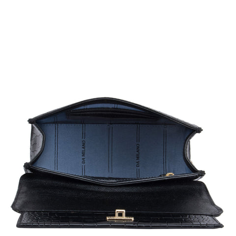 Da Milano Women's Leather Shoulder Bag - Black Croco Textured