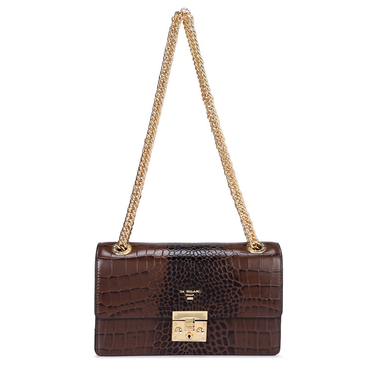 Small Croco Leather Shoulder Bag - Brown