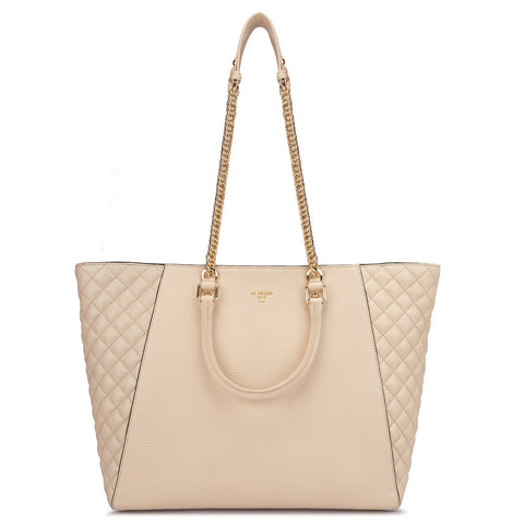 Large Wax Quilting Leather Tote - Beige