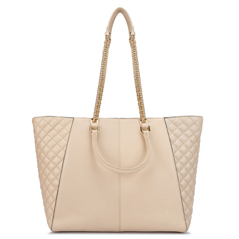 Large Wax Quilting Leather Tote - Beige