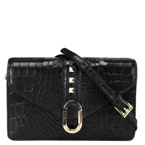Small Croco Leather Shoulder Bag - Black