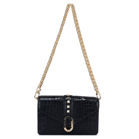 Small Croco Leather Shoulder Bag - Black