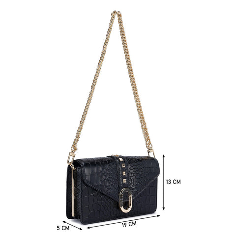 Small Croco Leather Shoulder Bag - Black