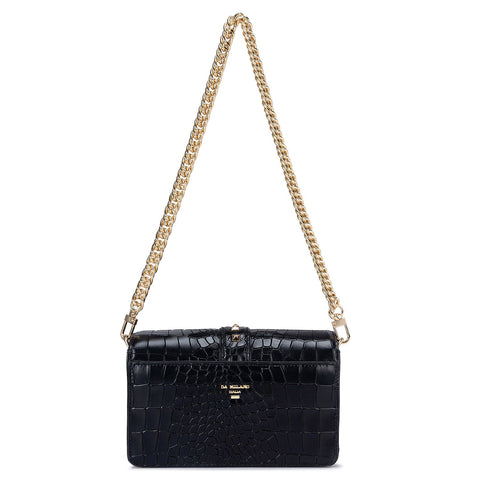 Small Croco Leather Shoulder Bag - Black