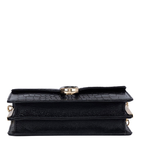Small Croco Leather Shoulder Bag - Black