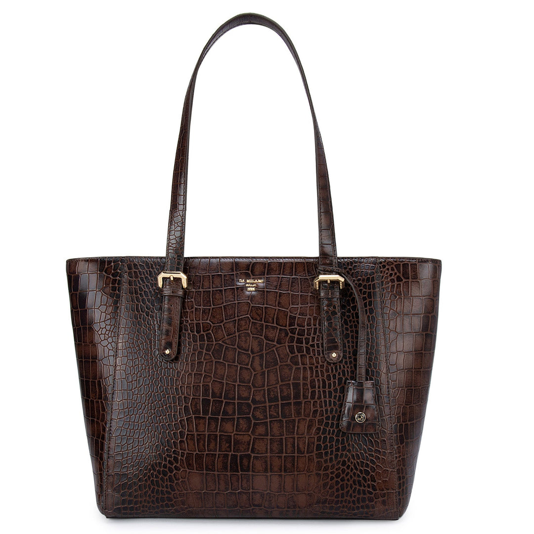 Brown Croco Textured Tote Bag