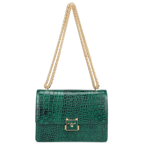 Small Croco Leather Shoulder Bag - Sea Weed