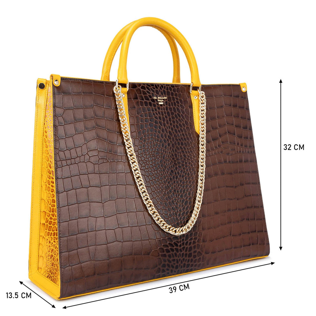 Large Croco Leather Book Tote - Brown