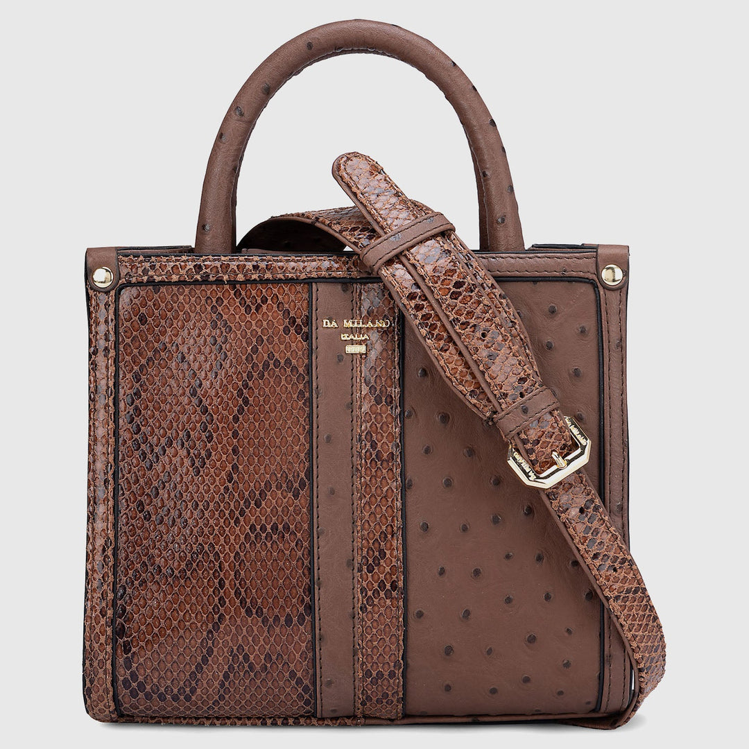 Small Ostrich Snake Leather Satchel - Brown