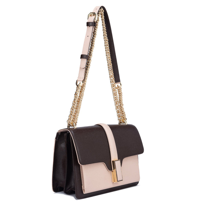 Small Franzy Leather Shoulder Bag - Chocolate & Pink