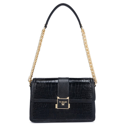 Small Croco Franzy Leather Shoulder Bag - Black