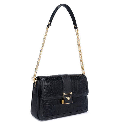 Small Croco Franzy Leather Shoulder Bag - Black
