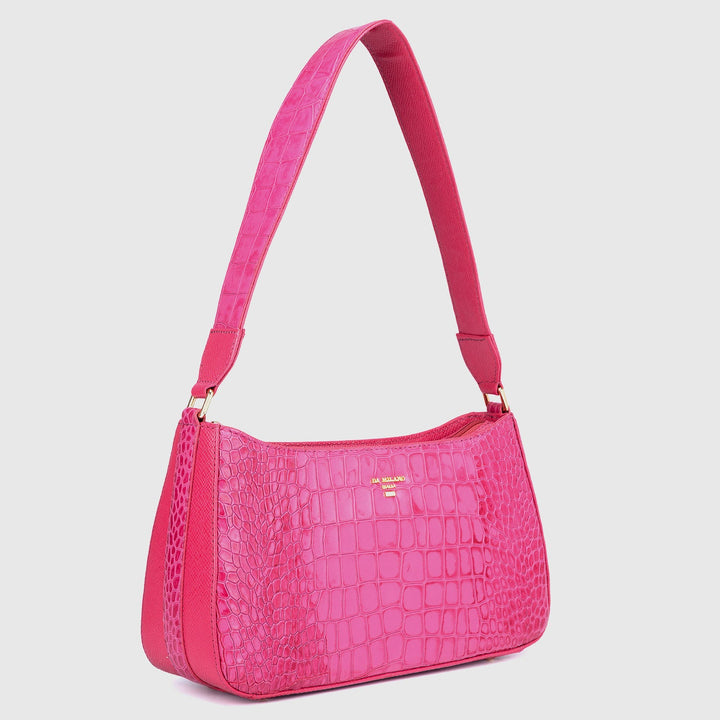 Small Croco Leather Baguette - Hot Pink