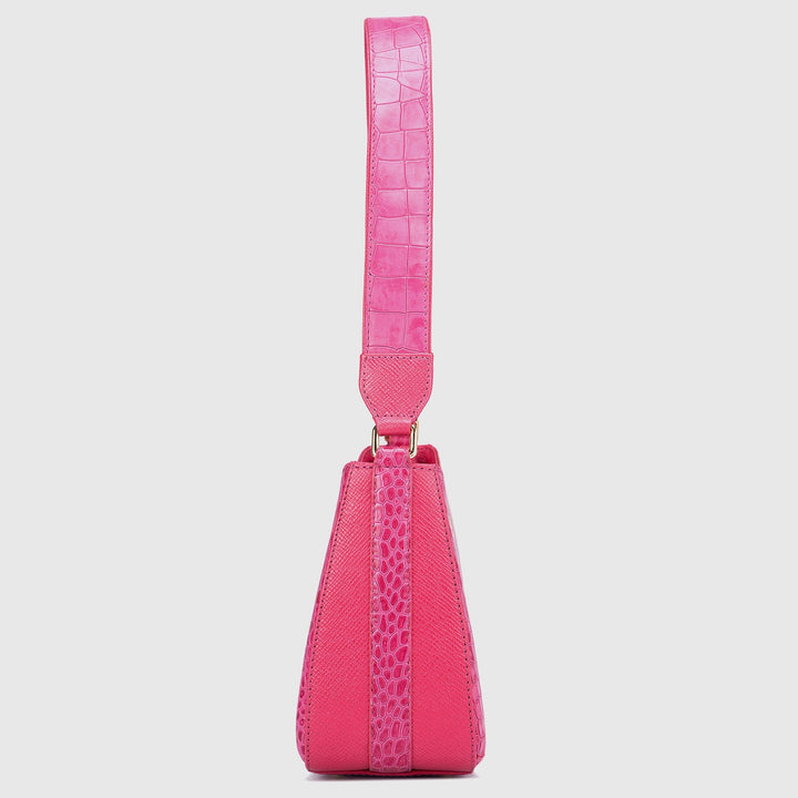 Small Croco Leather Baguette - Hot Pink