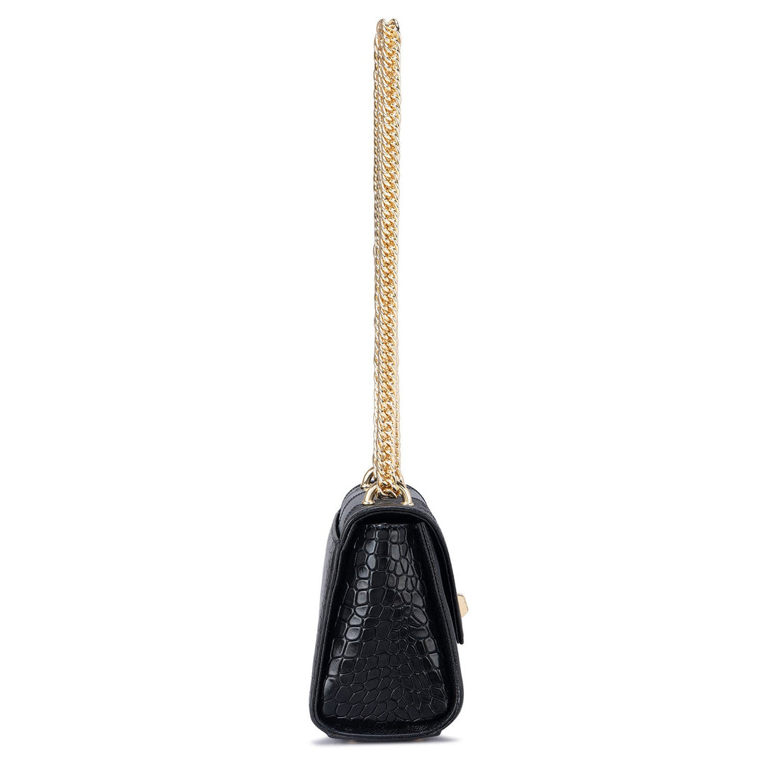 Small Croco Ostrich Leather Shoulder Bag - Black