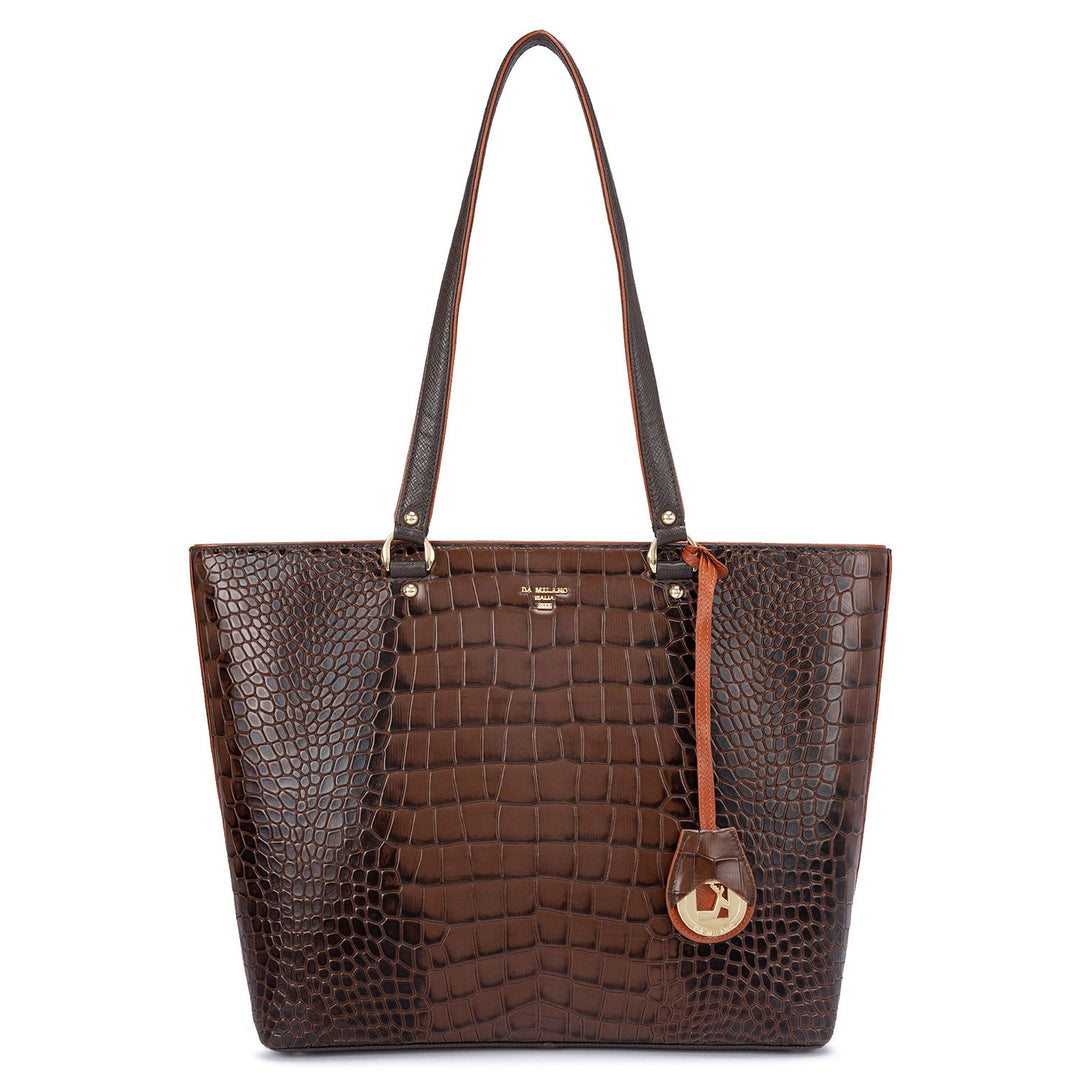 Large Croco Leather Tote - Brown