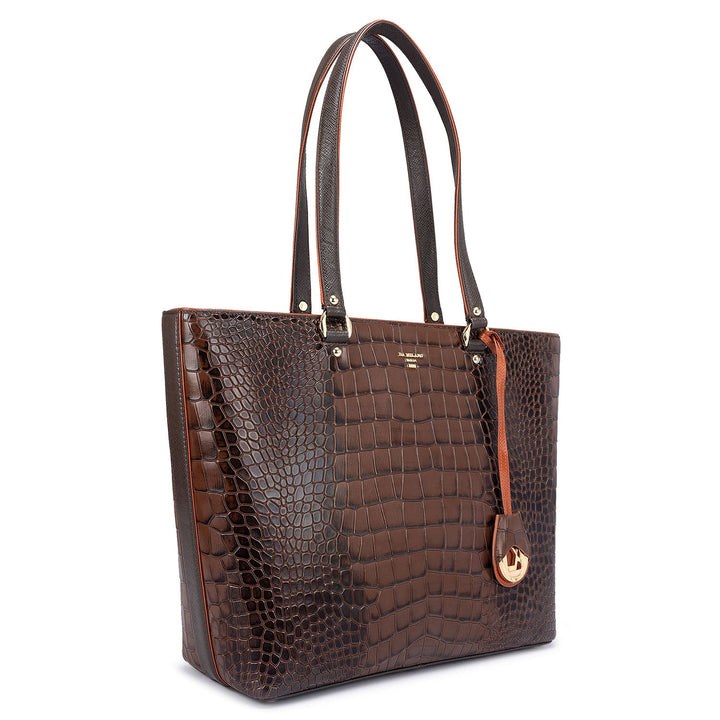 Large Croco Leather Tote - Brown