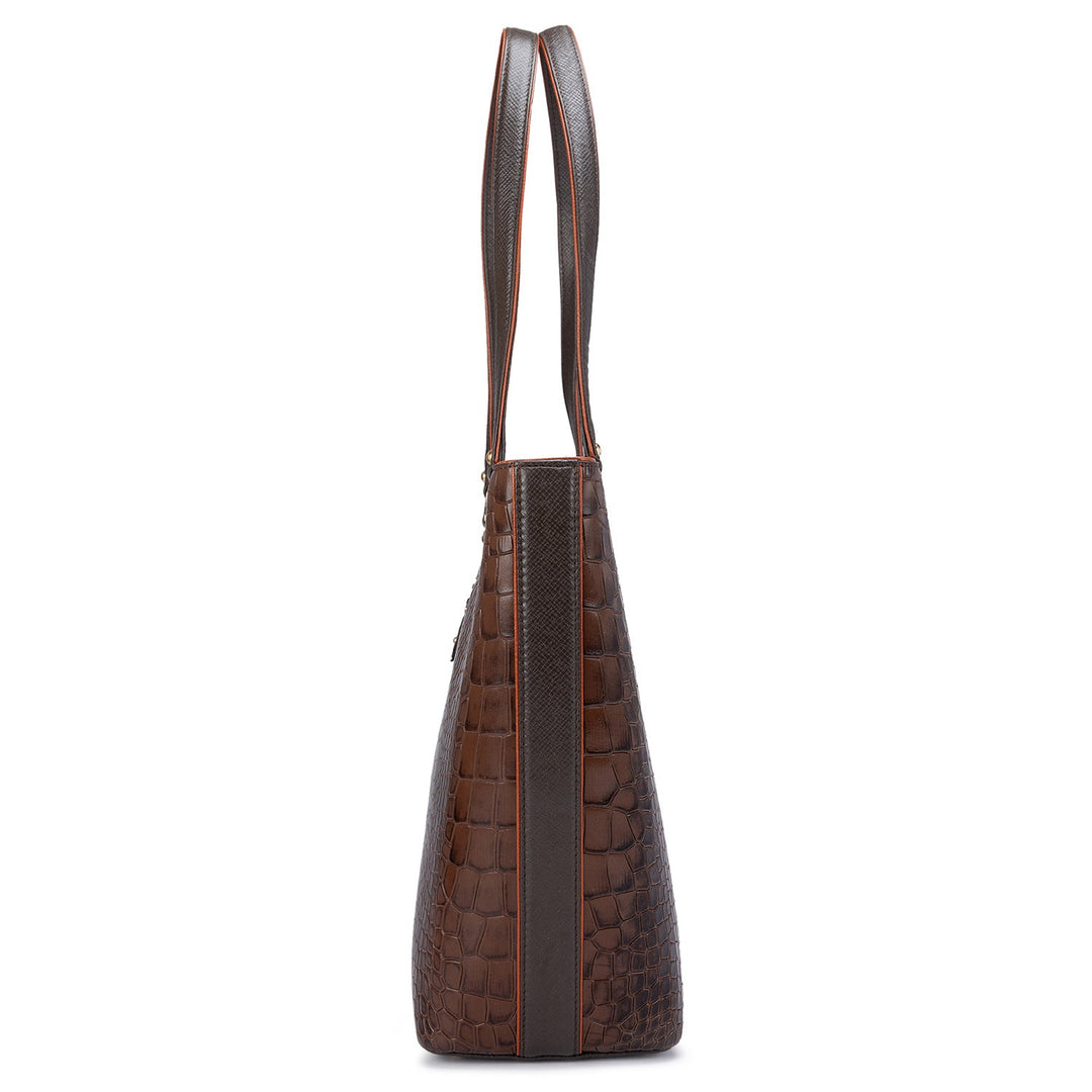 Large Croco Leather Tote - Brown