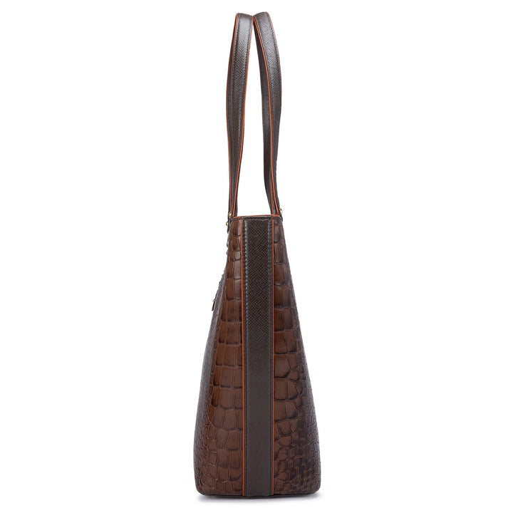 Large Croco Leather Tote - Brown