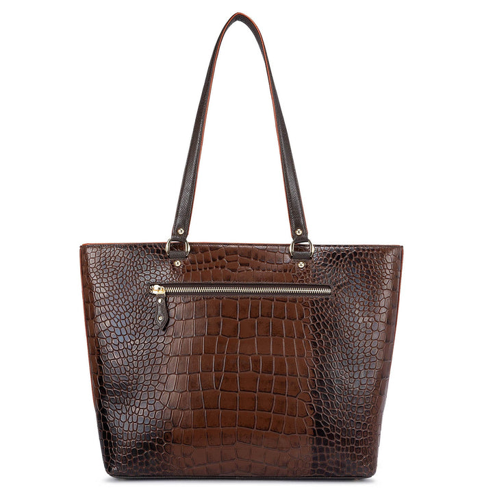 Large Croco Leather Tote - Brown