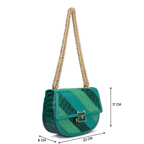 Medium Croco Ostrich Leather Shoulder Bag - Sea Weed